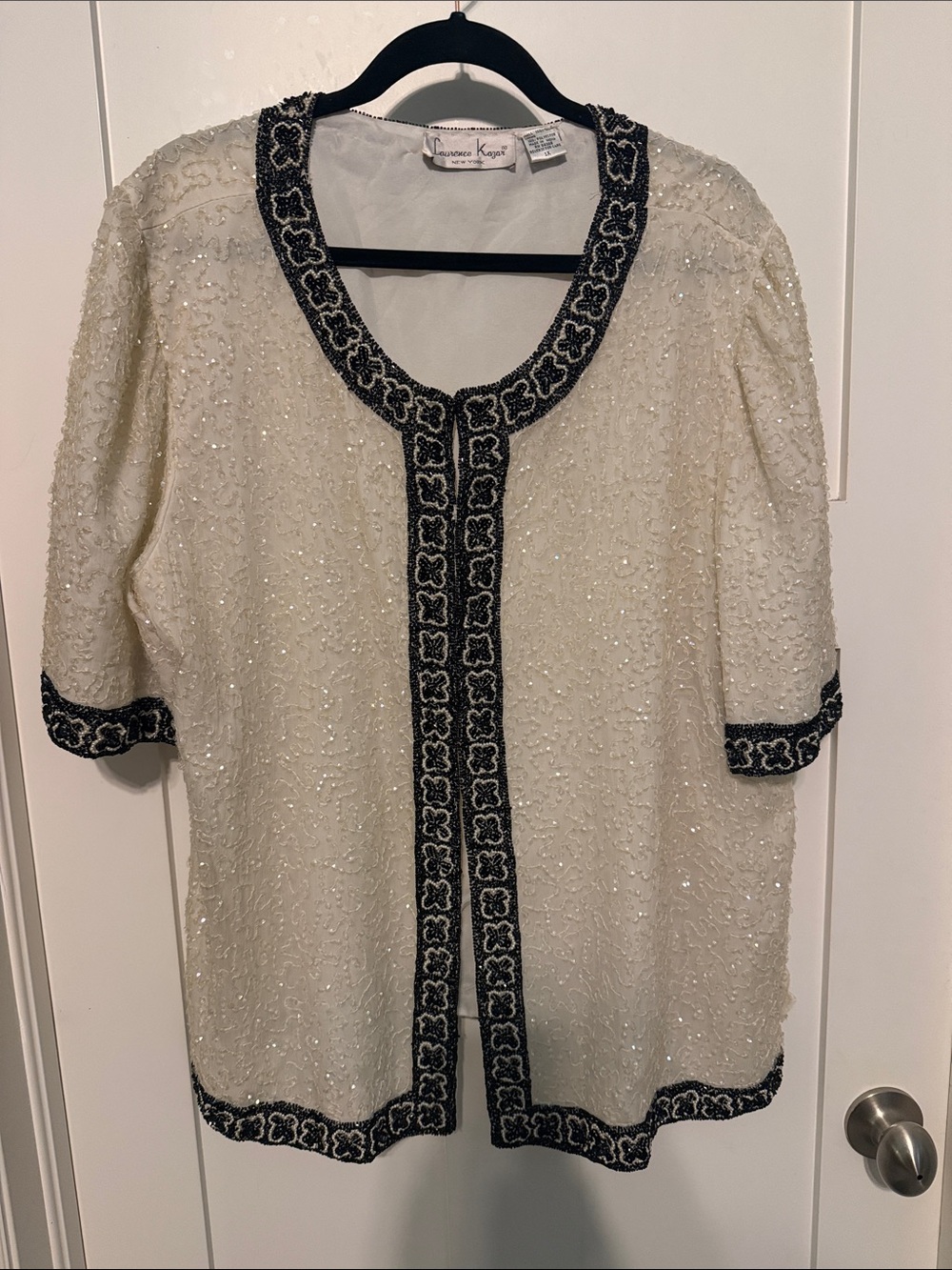 Laurence Kazar Vintage Ivory Beaded Short Sleeve Jacket Black Trim Plus Size 1X